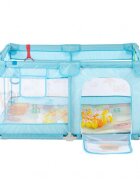 Nichiduta Tarc de joaca 120x120 cm Polar Blue cu cadru metalic pereti din plasa inaltime 65 cm acces cu fermoar covoras spuma cu doua fete 4 inele ajutatoare cu geanta de transport si 100 de bilute multicolore incluse