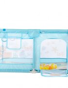Nichiduta Tarc de joaca 120x120 cm Polar Blue cu cadru metalic pereti din plasa inaltime 65 cm acces cu fermoar covoras spuma cu doua fete 4 inele ajutatoare cu geanta de transport si 100 de bilute multicolore incluse