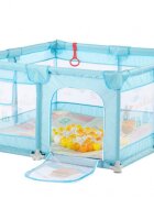 Nichiduta Tarc de joaca 120x120 cm Polar Blue cu cadru metalic pereti din plasa inaltime 65 cm acces cu fermoar covoras spuma cu doua fete 4 inele ajutatoare cu geanta de transport si 100 de bilute multicolore incluse