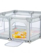 Nichiduta Tarc de joaca 120x120 cm Polar Grey cu cadru metalic pereti din plasa inaltime 65 cm acces cu fermoar covoras spuma cu doua fete 4 inele ajutatoare cu geanta de transport si 100 de bilute multicolore incluse