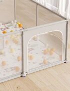 Nichiduta Tarc de joaca Forest Beige 150x180x65 cm cu cadru metalic pereti din plasa acces cu fermoar 4 inele ajutatoare covoras din spuma cu doua fete si 100 de bile incluse