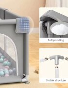 Nichiduta Tarc de joaca pentru copii Grey 150 x 180 x 67cm cadrul metalic pereti din plasa acces cu fermoar covoras spuma cu doua fete 4 inele ajutatoare cu geanta de transport si 100 bilute multicolore incluse