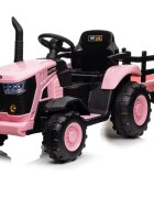 Nichiduta Tractor electric pentru copii Track Pink 90W cu telecomanda 2.5G Acumulator 12V Remorca detasabila Centura siguranta Faruri cu lumini LED Suneteslot card Roti late din plastic rezistent cu aparatori noroi