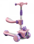 Nichiduta Trotineta pentru copii TeddyRide 3 in 1 pliabila cu scaunel si maner parental cu ghidon reglabil manerele ergonomice muzica roti silentioase din PU cu lumini LED dimensiune 59 x 30 x 73cm Purple