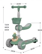 Nichiduta Trotineta pliabila pentru copii cu ghidon reglabil in inaltime cosulet si scaunel detasabile muzica roti luminoase LED frana pe roata din spate dimensiune 56 x 24 x 72 cm Green Dino