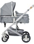 Novokids Carucior pentru copii 5300 Gri 3 in 1 reversibil cu geanta cadru aluminiu amortizoare roti din cauciuc landou scoica auto spatar reglabil 3 trepte plasa insecte