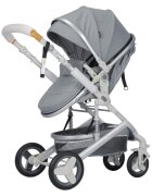 Novokids Carucior pentru copii 5300 Gri 3 in 1 reversibil cu geanta cadru aluminiu amortizoare roti din cauciuc landou scoica auto spatar reglabil 3 trepte plasa insecte