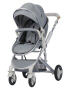 Novokids Carucior pentru copii 5300 Gri 3 in 1 reversibil cu geanta cadru aluminiu amortizoare roti din cauciuc landou scoica auto spatar reglabil 3 trepte plasa insecte