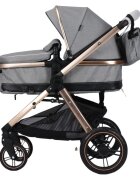 Novokids Carucior pentru copii X2000 series Gri 2 in 1 cu spatar reglabil reversibil landou geanta cadru aluminiu gold amortizoare roti din cauciuc plin plasa insecte