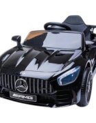 Novokids Masinuta electrica pentru copii Mercedes AMG GTR Negru 12V roti din cauciuc EVA usi cu deschidere 2 viteze 2 motoare 550 W