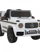 Novokids Masinuta electrica pentru copii Mercedes G63 AMG Alb roti din cauciuc Eva melodii si USB usi cu deschidere 12V 2 viteze lungime 120 cm 2 motoare de 25 W