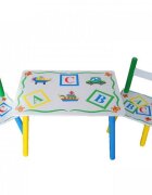 Novokids Masuta copii din MDF cu doua scaune My first table dimensiuni 59X39X40 suprafata lucioasa cu litere Alb Verde