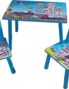 Novokids Masuta copii din MDF cu doua scaune My first table dimensiuni 59X39X40 Suprafata lucioasa Model masinute Albastru