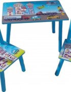 Novokids Masuta copii din MDF cu doua scaune My first table dimensiuni 59X39X40 Suprafata lucioasa Model masinute Albastru