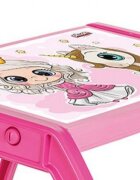 Novokids Masuta copii din plastic aditivat cu doua bancute Study Table dimensiuni 95X78X49 cm Suprafata lucioasa Model Printesa cu Unicorn Roz