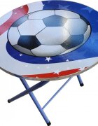 Novokids Masuta pliabila pentru copii din MDF Round folding table Cu doua scaune pliabile Diametru 60 cm 2 niveluri de inaltime Suprafata lucioasa Model minge de fotbal Albastru
