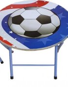 Novokids Masuta pliabila pentru copii din MDF Round folding table Cu doua scaune pliabile Diametru 60 cm 2 niveluri de inaltime Suprafata lucioasa Model minge de fotbal Albastru