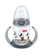 NUK Biberon First Choice 150ml cu toarte si adaptor din silicon Mickey gri 6 luni+