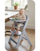Nukido Scaun de masa 3in1 multifunctional pentru copii Timo Grey design pliabil compact cu structura din lemnrecomandat de la 6 luni pana la 12 ani pernuta inclusa tava detasabila inaltime reglabila