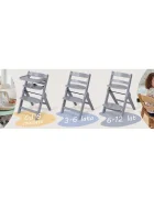 Nukido Scaun de masa 3in1 multifunctional pentru copii Timo Grey design pliabil compact cu structura din lemnrecomandat de la 6 luni pana la 12 ani pernuta inclusa tava detasabila inaltime reglabila