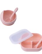 Oaki Set castron farfurie cu ventuza lingurita si capac roz pal
