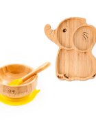 Oaki Set castron si farfurie cu lingurita pentru diversificare din bambus Elefant Galben