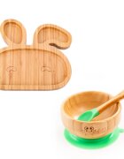 Oaki Set castron si farfurie iepuras din bambus cu lingurita pentru copii verde