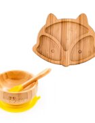 Oaki Set castron si farfurie vulpita din bambus pentru copii galben