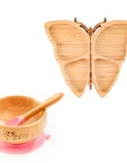 Oaki Set diversificare castron si farfurie fluturas din bambus cu lingurita roz