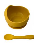 Oaki Set diversificare pentru copii castron cu ventuza si lingurita din silicon galben