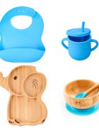 Oaki Set diversificare pentru copii Castron farfurie elefant din bambus cu lingurita cana cu pai si baveta Albastru