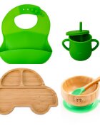 Oaki Set diversificare pentru copii Castron farfurie masinuta din bambus cu lingurita cana cu pai si baveta Verde
