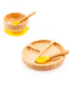 Oaki Set diversificare pentru copii castron farfurie si doua lingurite din bambus galben