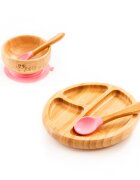 Oaki Set diversificare pentru copii castron farfurie si doua lingurite din bambus roz