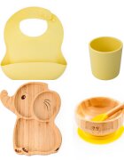 Oaki Set diversificare pentru copii castron si farfurie elefant din bambus cu lingurita pahar si baveta galben