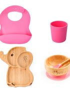 Oaki Set diversificare pentru copii castron si farfurie elefant din bambus cu lingurita pahar si baveta roz