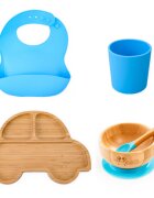 Oaki Set diversificare pentru copii castron si farfurie masinuta din bambus cu lingurita pahar si baveta albastru