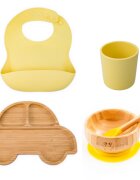 Oaki Set diversificare pentru copii castron si farfurie masinuta din bambus cu lingurita pahar si baveta galben