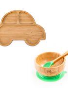 Oaki Set diversificare pentru copii vastron si farfurie masinuta din bambus cu lingurita verde