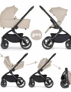 Petite&Mars Carucior 2 in 1 pentru copii PetiteMars Scout Bej cu landou pliabil reversibil spatar si suport de picioare reglabile maner ajustabil accesorii pana la 22 kg 0 luni+