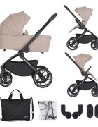 Petite&Mars Carucior 2 in 1 pentru copii PetiteMars Scout Crem Cappuccino cu landou pliabil reversibil spatar si suport de picioare reglabile maner ajustabil accesorii pana la 22 kg 0 luni+
