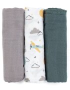 Petite&Mars Set 3 scutece PetiteMars din muselina de bambus Moussy Grey Planes hipoalergenice 68 x 68 cm Multicolor