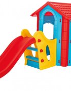 PILSAN Casuta de gradina pentru copii Happy House Blue cu tobogan integrat plastic rezistent la intemperii ferestre mobile 252x131x112 cm utilizare interiorexterior