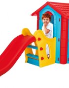 PILSAN Casuta de gradina pentru copii Happy House Blue cu tobogan integrat plastic rezistent la intemperii ferestre mobile 252x131x112 cm utilizare interiorexterior