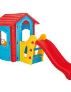 PILSAN Casuta de gradina pentru copii Happy House Blue cu tobogan integrat plastic rezistent la intemperii ferestre mobile 252x131x112 cm utilizare interiorexterior