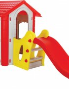 PILSAN Casuta de gradina pentru copii Happy House GriRosu cu tobogan integrat plastic rezistent la intemperii ferestre mobile 252x131x112 cm utilizare interiorexterior