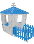 PILSAN Casuta de gradina pentru copii Stone House BlueGrey cu gardulet inclus utilizare interiorexteriorplastic rezistent UV design realist