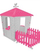 PILSAN Casuta de gradina pentru copii Stone House PinkGrey cu gardulet inclus utilizare interiorexteriorplastic rezistent UV design realist