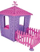PILSAN Casuta de gradina pentru copii Stone House PinkPurple cu gardulet inclus utilizare interiorexteriorplastic rezistent UV design realist
