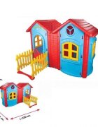PILSAN Casuta dubla pentru copii Magic Twin House Blue cu garduletrealizata din plastic durabildimensiune 172 x 220 x 131 cm